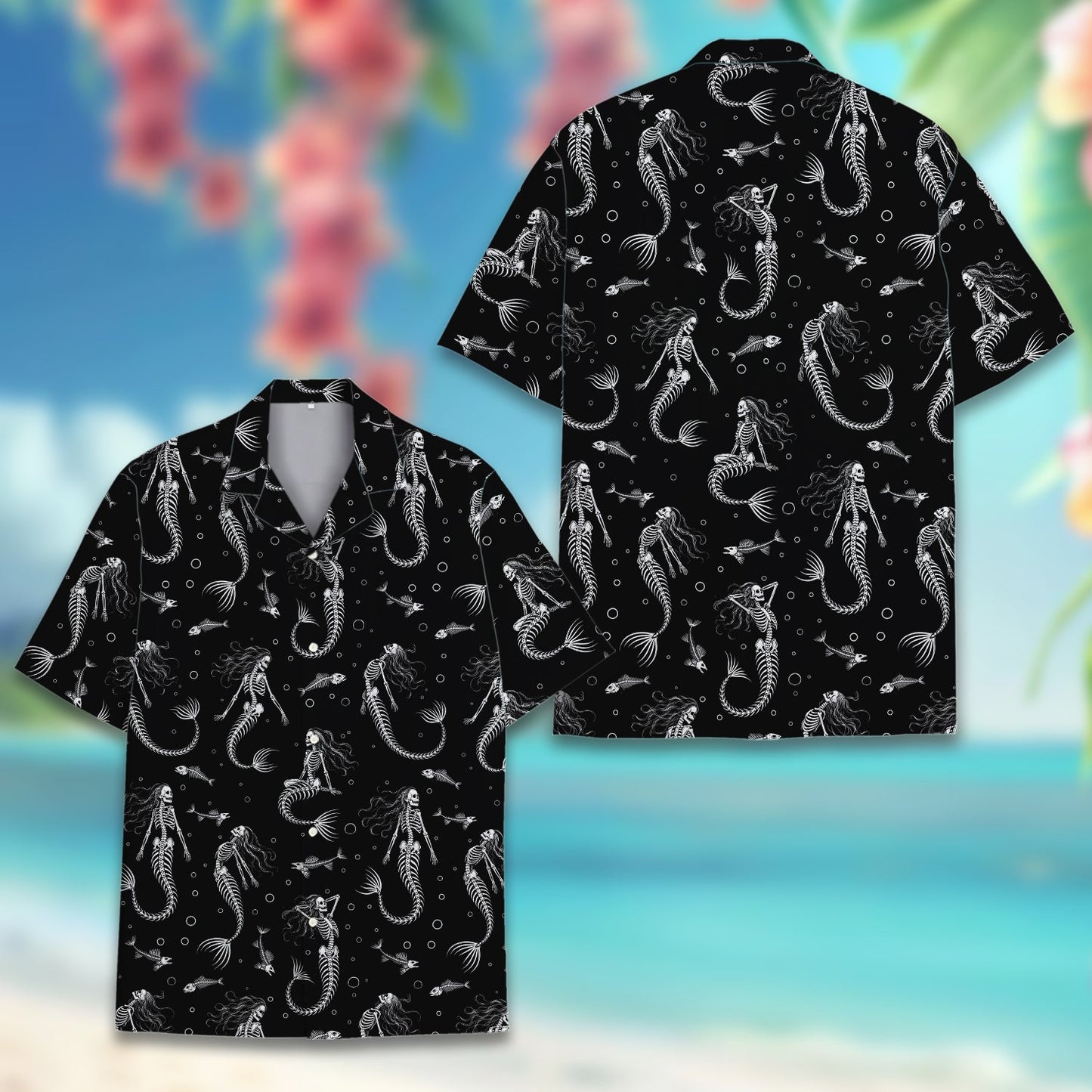 Halloween hawaiian shirt featuring white mermaid skeletons on a black background, main front view