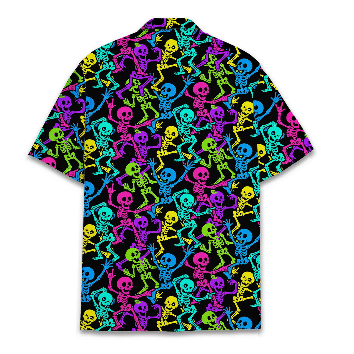 Matching family Hawaiian shirt featuring neon skeletons on black, front view