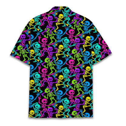 Matching family Hawaiian shirt featuring neon skeletons on black, front view
