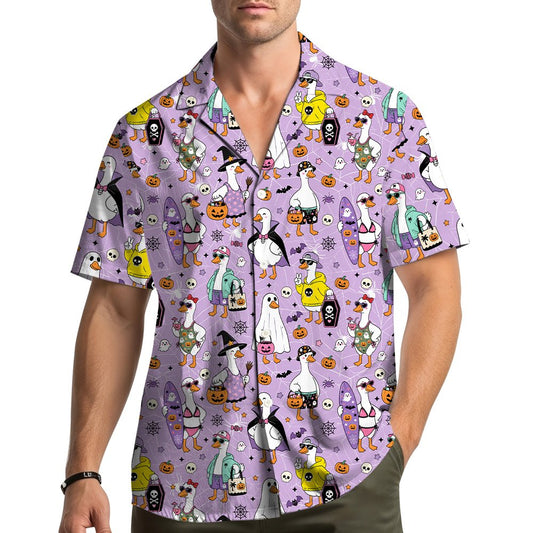Main view of the light purple halloween hawaiian shirt with costumed ducks