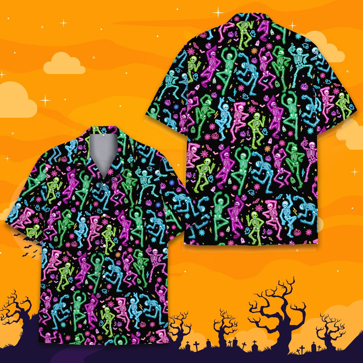 Halloween hawaiian shirt featuring neon dancing skeletons on black background, main view