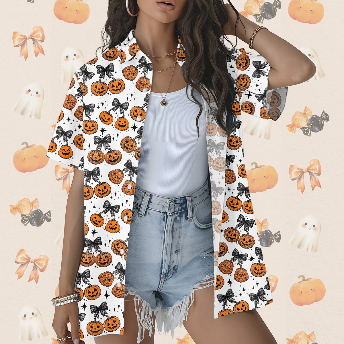 Close up of cherry pumpkin pattern on white halloween hawaiian shirt