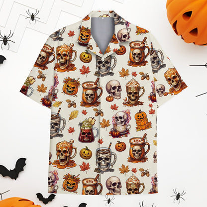 Halloween hawaiian shirt featuring skulls and pumpkins on a cream background, main view