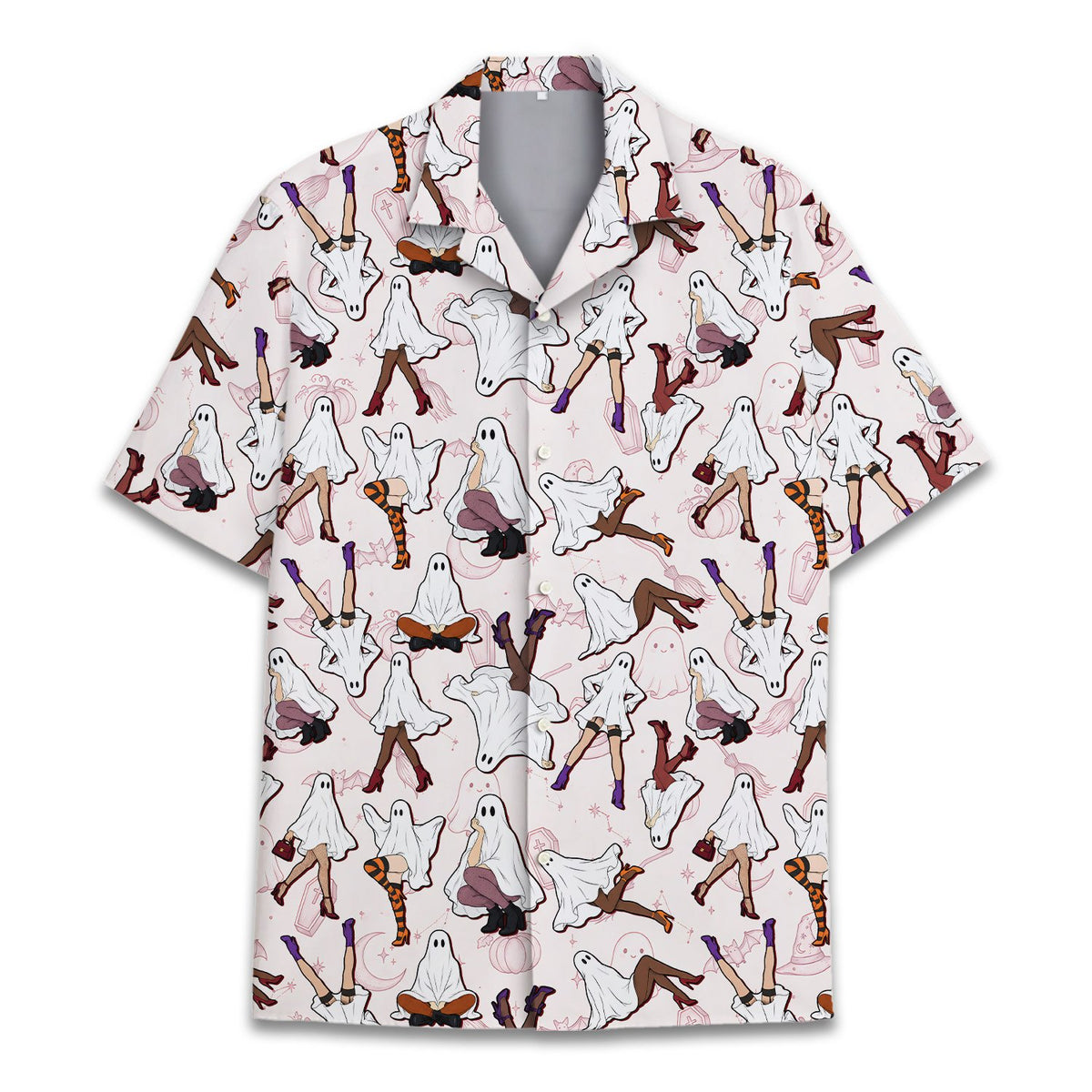 Halloween hawaiian shirt front view featuring ghost legs and pumpkins on light pink