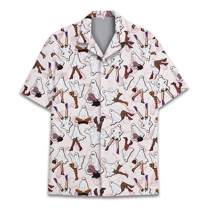 Halloween hawaiian shirt front view featuring ghost legs and pumpkins on light pink