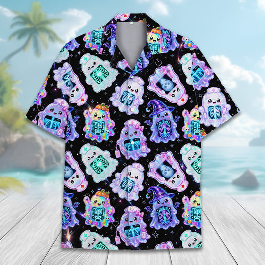 Main view of the pastel ghosts halloween hawaiian shirt featuring cute skeletons on a black background
