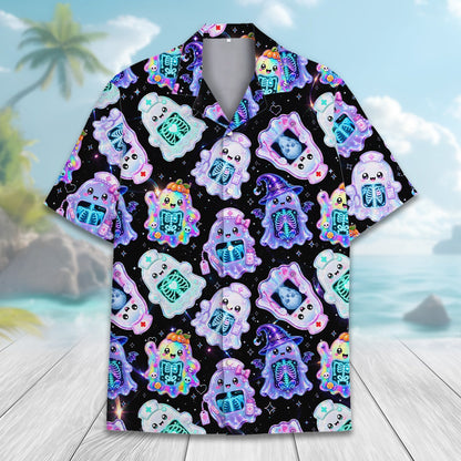 Front view of the pastel ghosts halloween hawaiian shirt