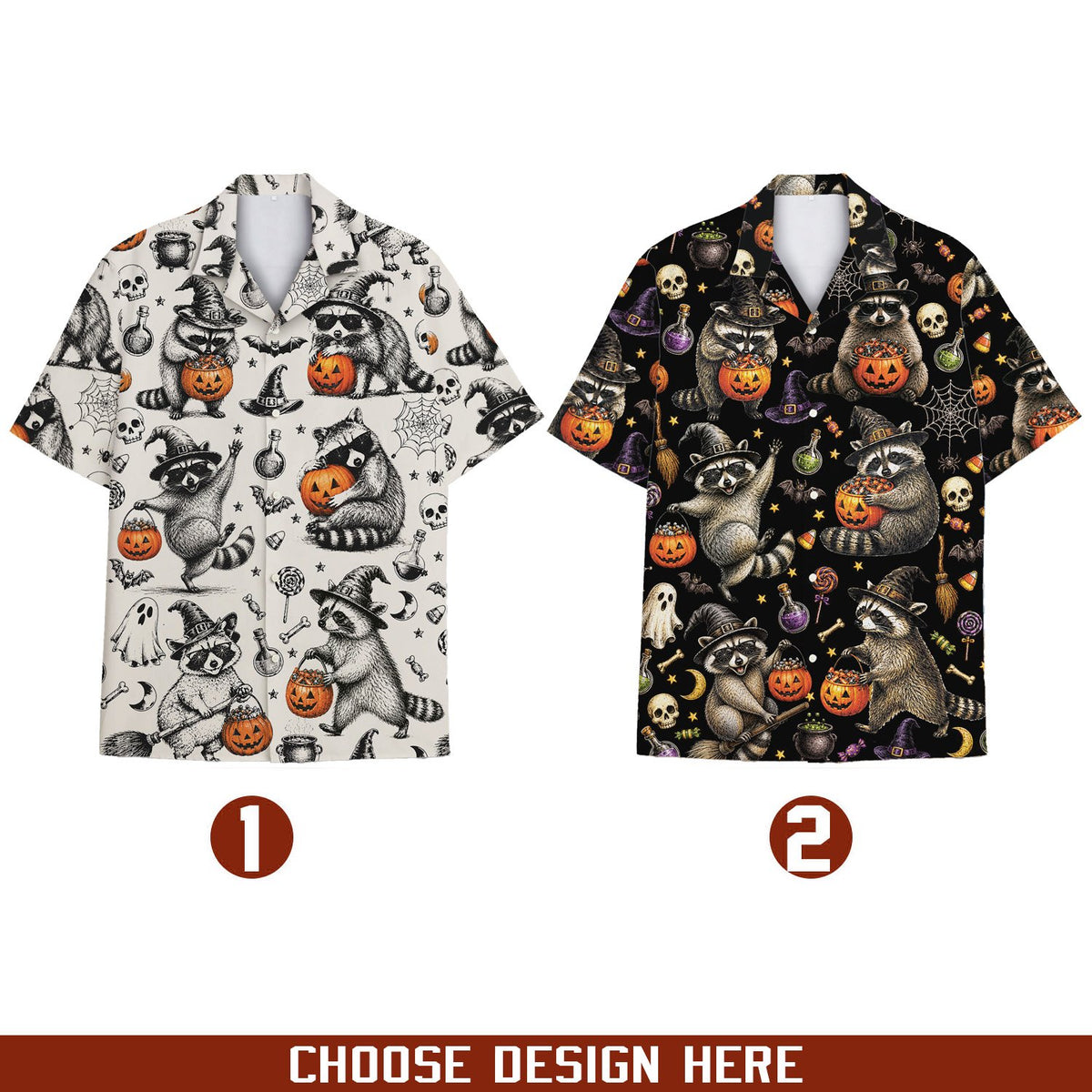 Front view of the halloween hawaiian shirt with vintage spooky graphics
