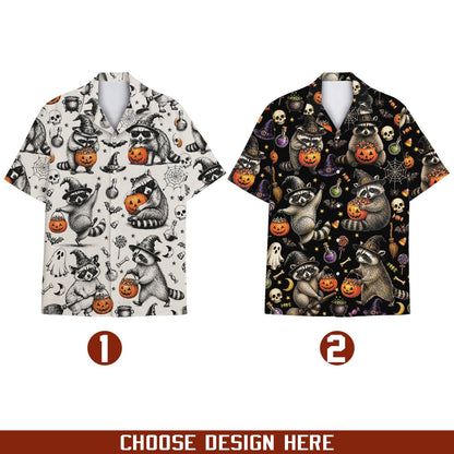 Front view of the halloween hawaiian shirt with vintage spooky graphics
