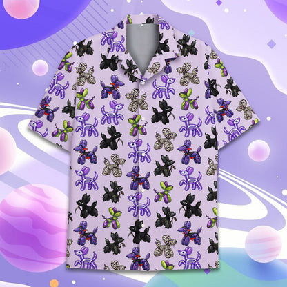 Matching family hawaiian shirts in purple with Halloween balloon dog pattern front view