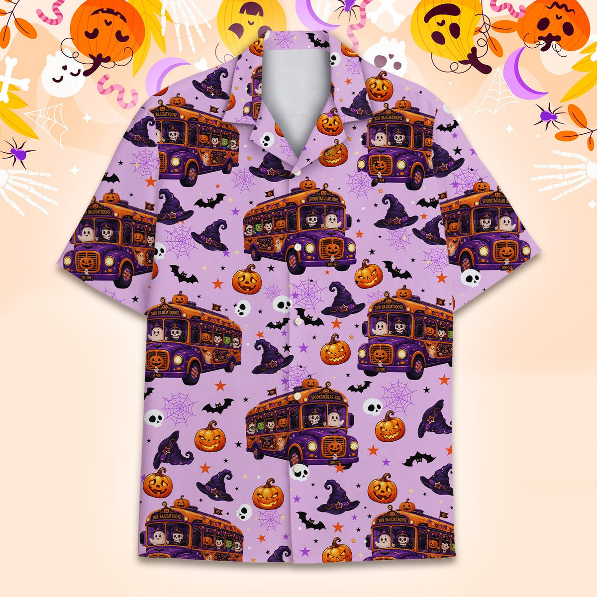 Main view of the purple Spooktacular Ride halloween hawaiian shirt featuring haunted bus print