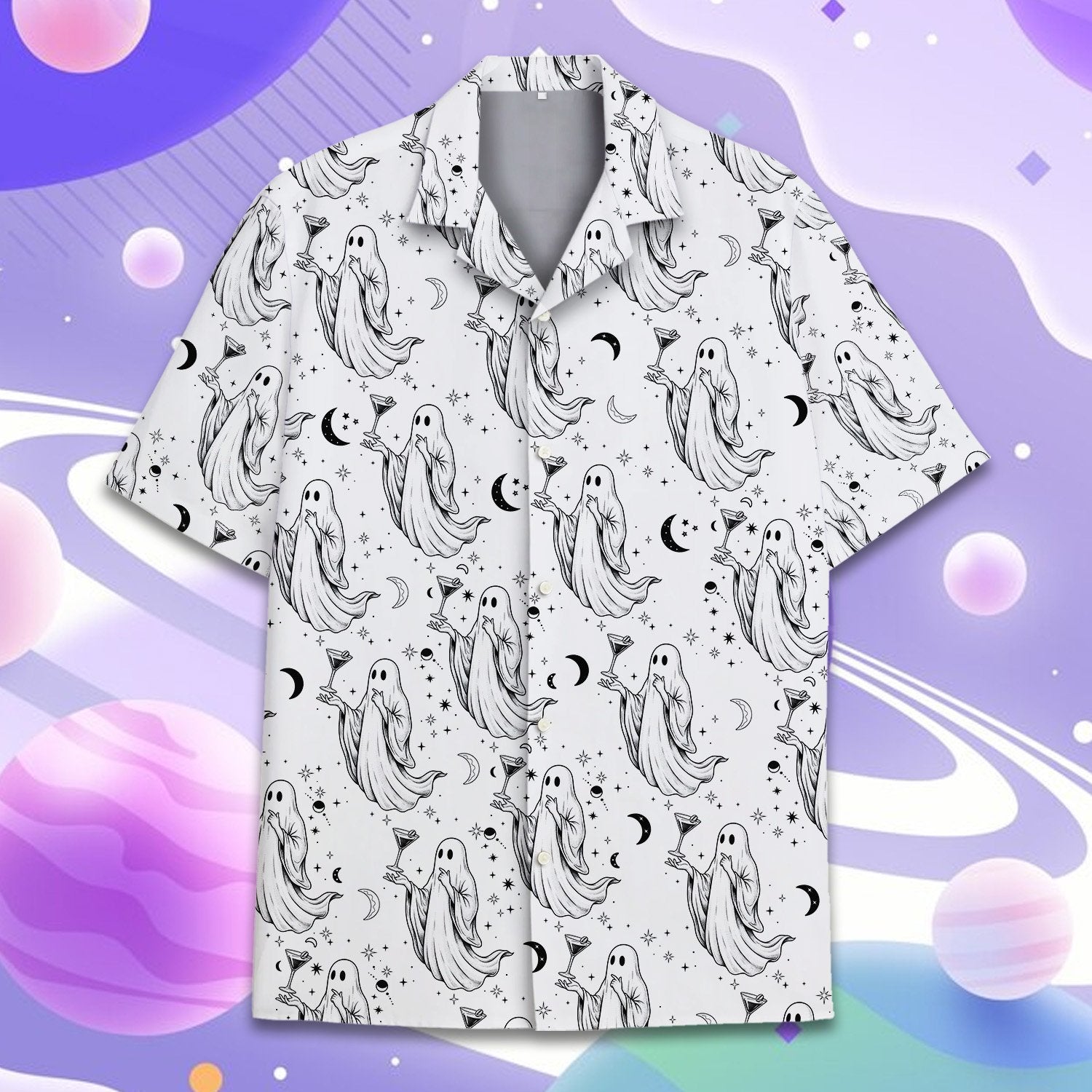 Main view of the matching family hawaiian shirts with halloween ghost design on white