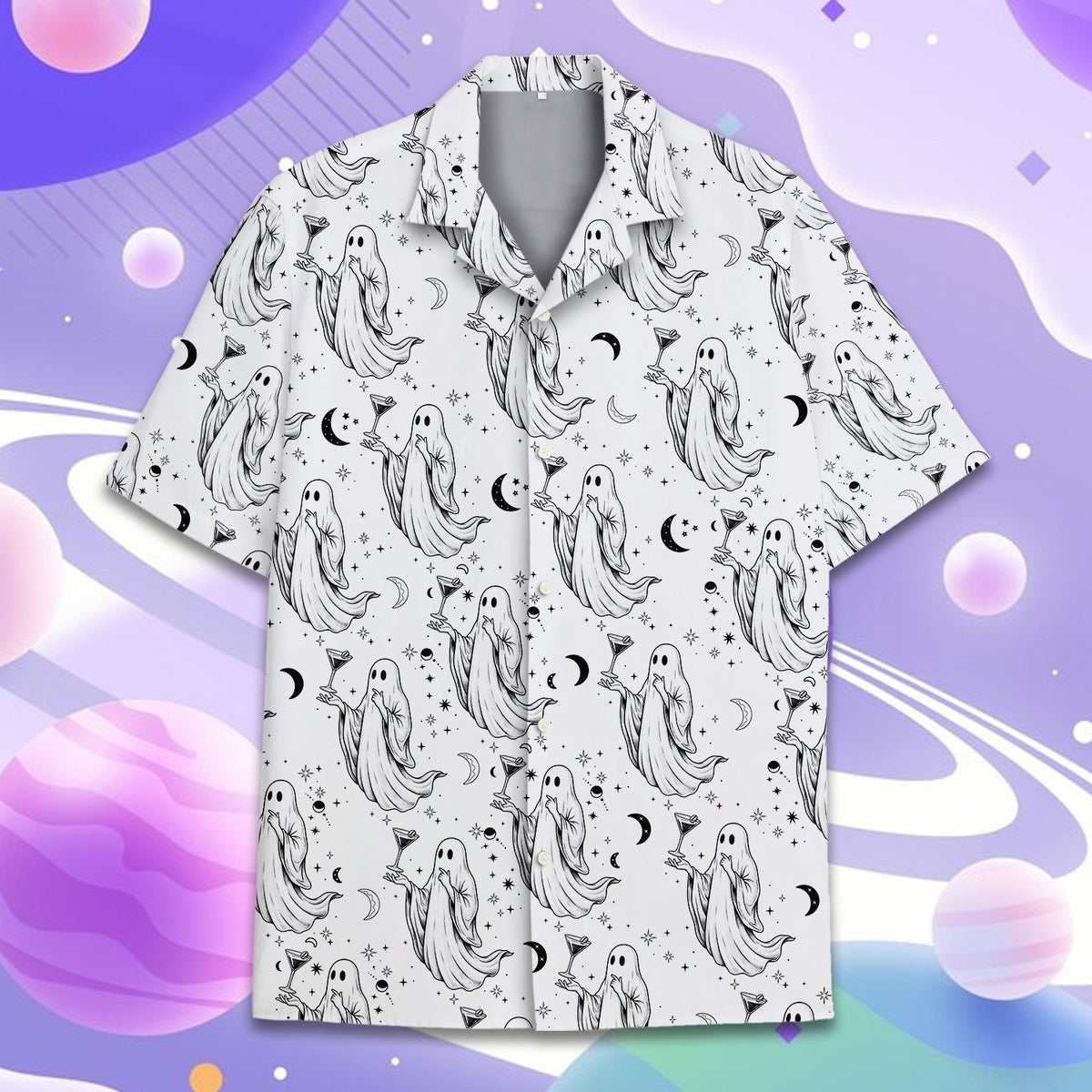 Front view of the halloween hawaiian shirt featuring cocktail ghosts