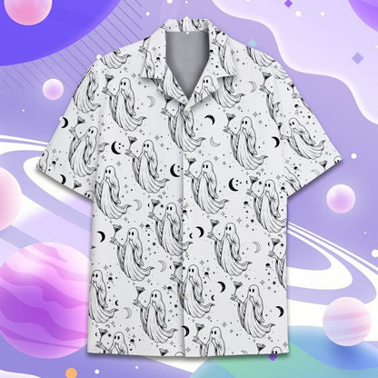 Front view of the halloween hawaiian shirt featuring cocktail ghosts