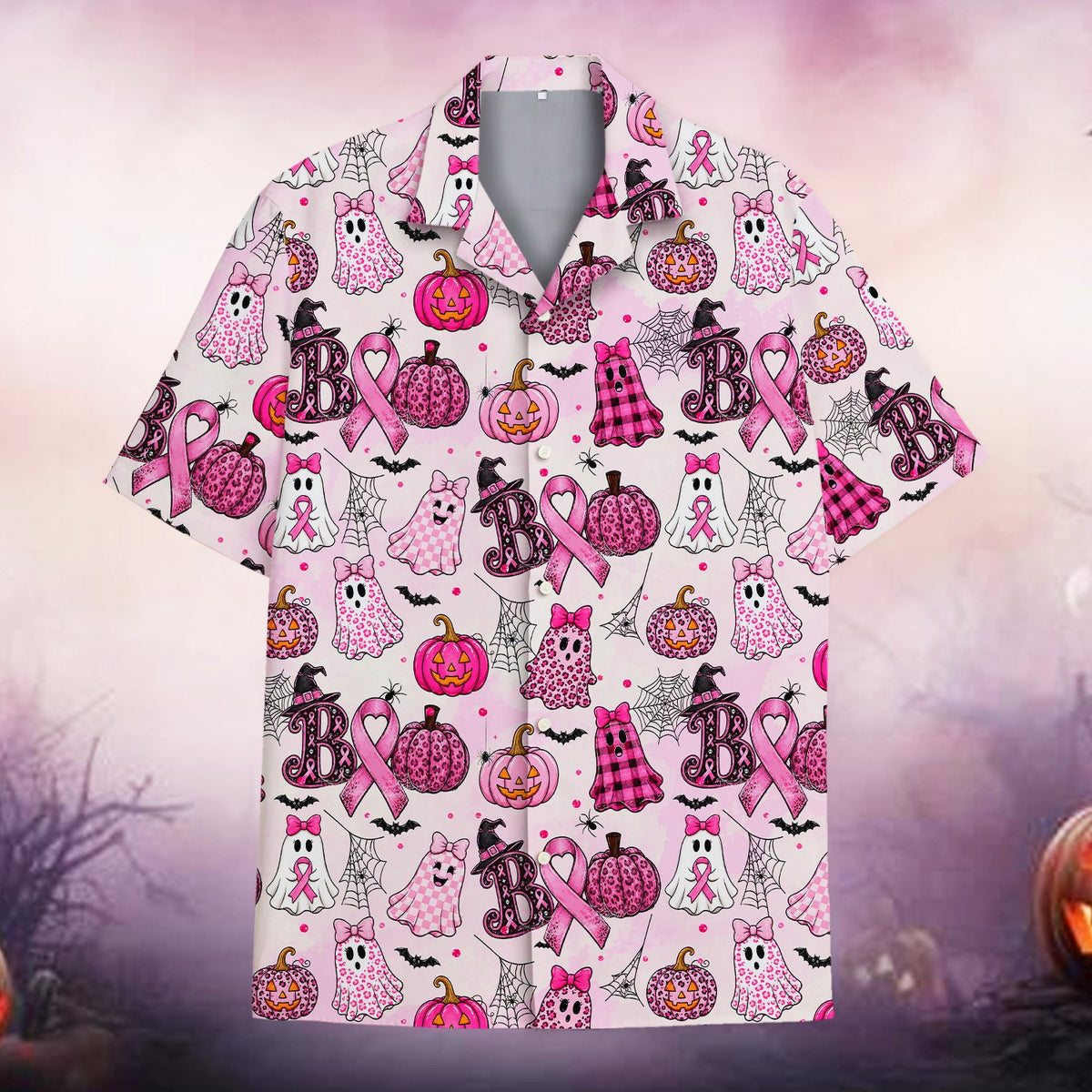 Matching family hawaiian shirts in pink Halloween design, front view