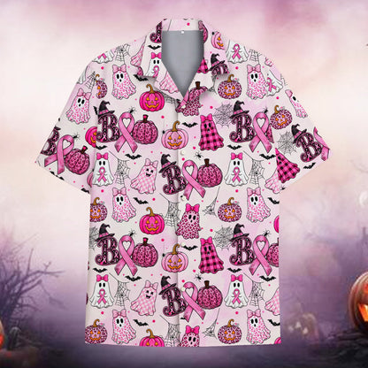 Matching family hawaiian shirts in pink Halloween design, front view