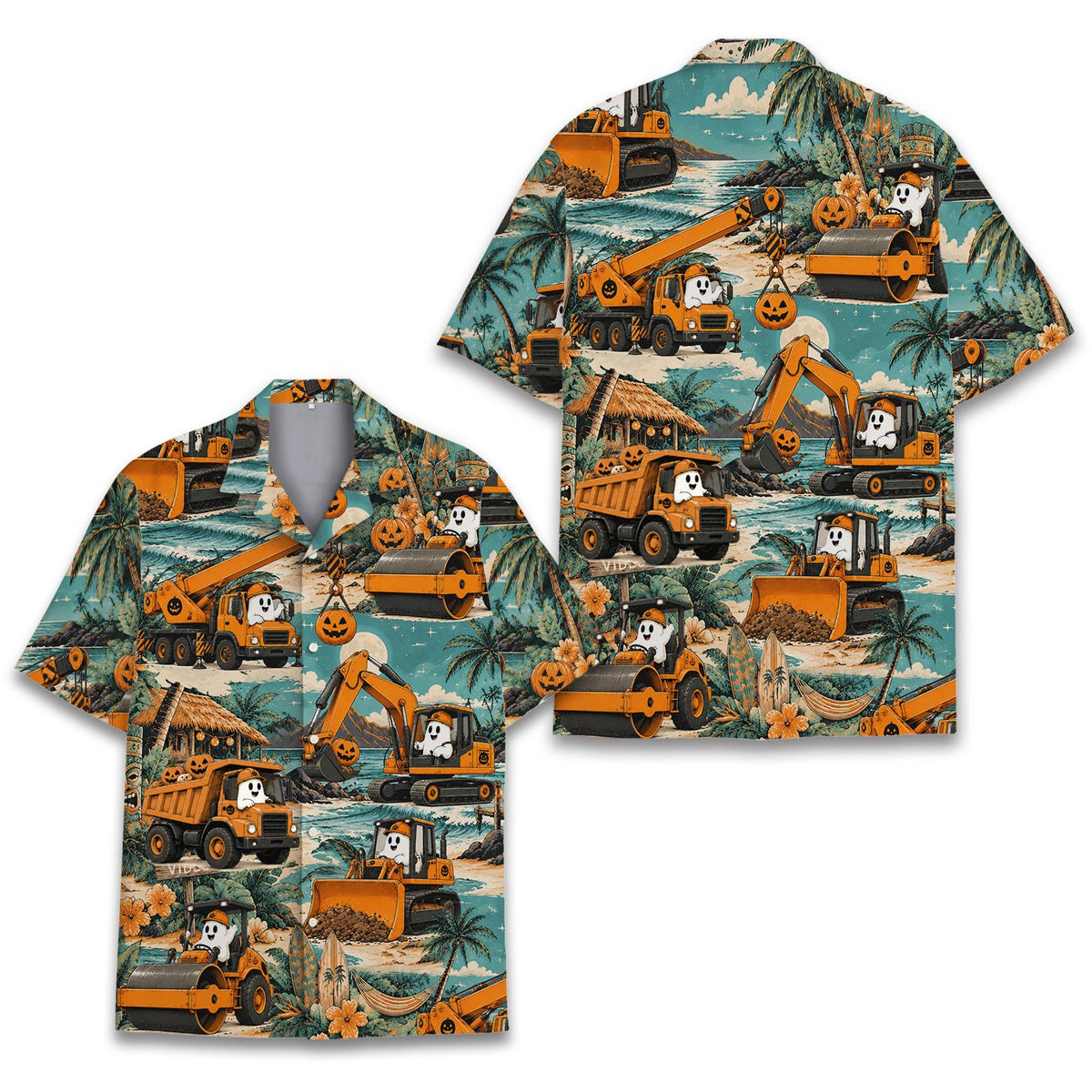 Teal halloween hawaiian shirt with ghost construction design, main view