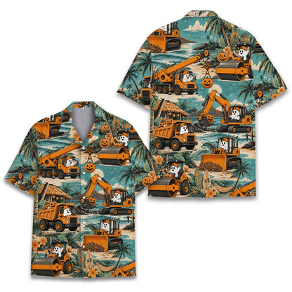 Teal halloween hawaiian shirt with ghost construction design, main view