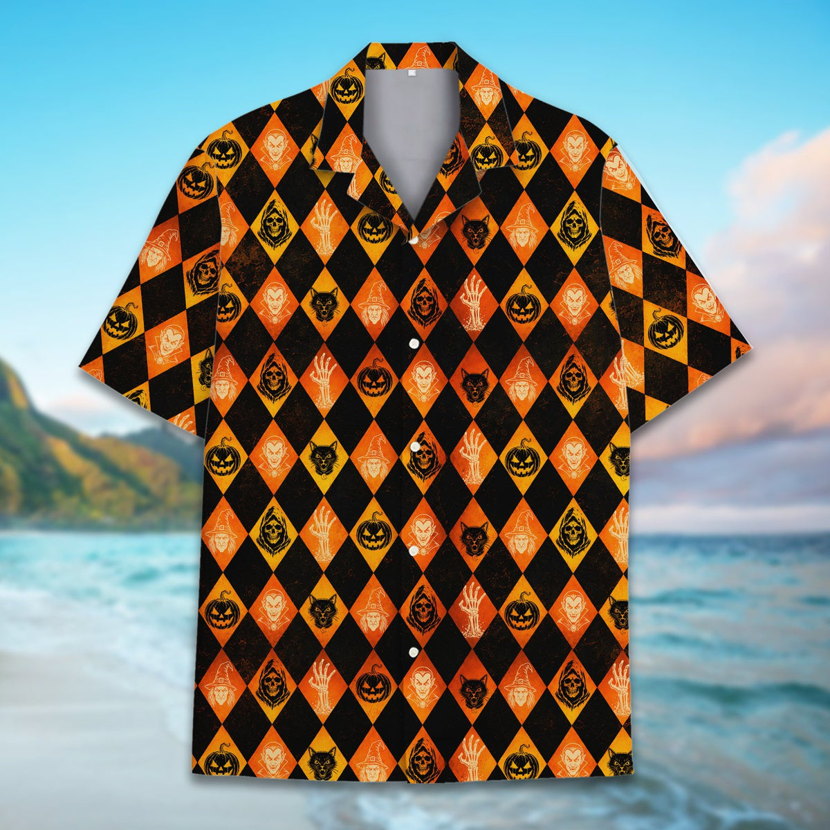 Front view of the black and orange Halloween hawaiian shirt