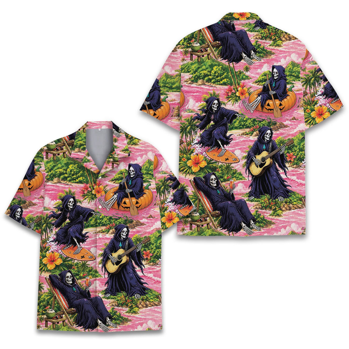 Surfing grim reaper halloween hawaiian shirt featuring pink and green tropical print