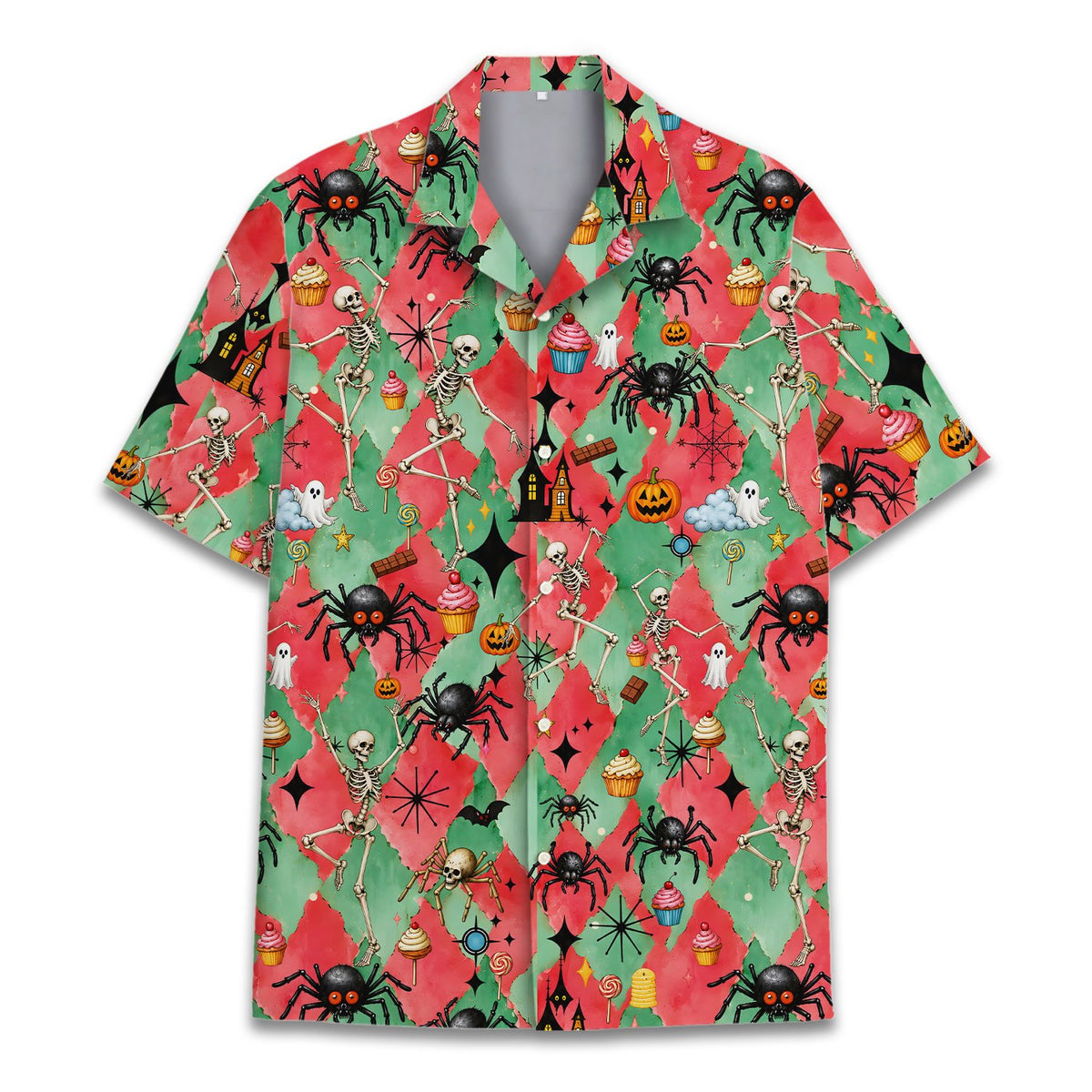 Red halloween hawaiian shirt featuring spooky motifs, front view