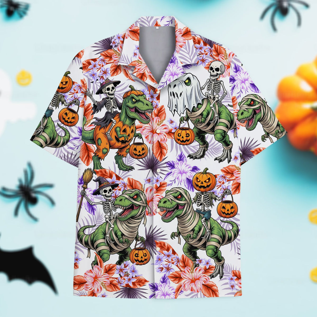Front view of the matching family halloween hawaiian shirt with white floral background