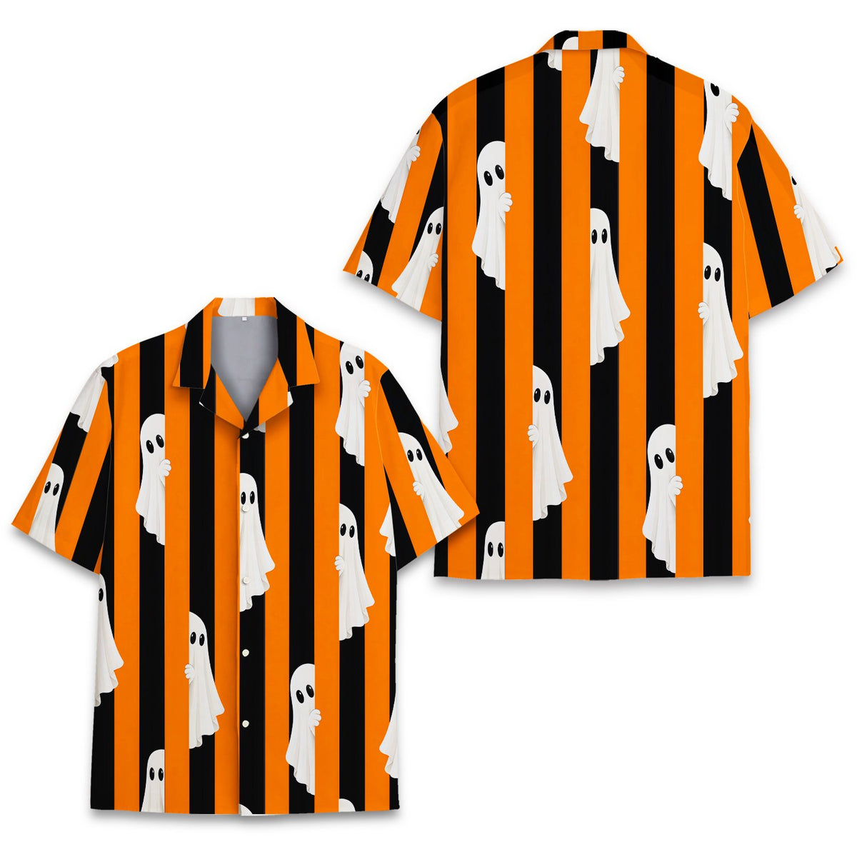 Halloween stars and stripes hawaiian shirt with ghost pattern on orange and black background, main view