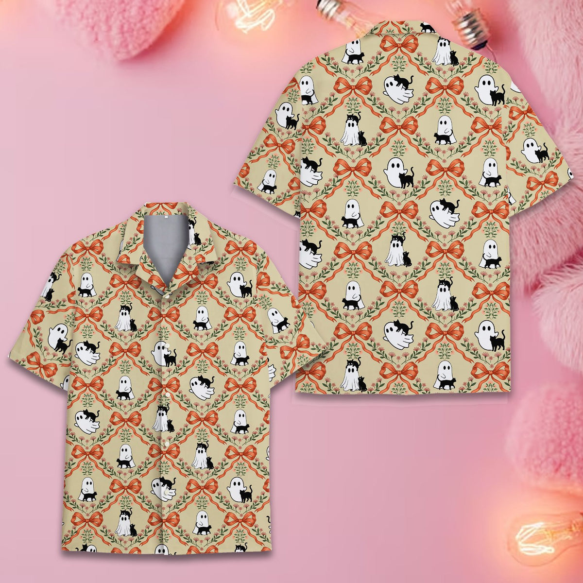 Halloween hawaiian shirt with ghosts and black cats on beige background, front view