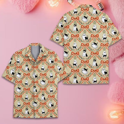 Halloween hawaiian shirt with ghosts and black cats on beige background, front view