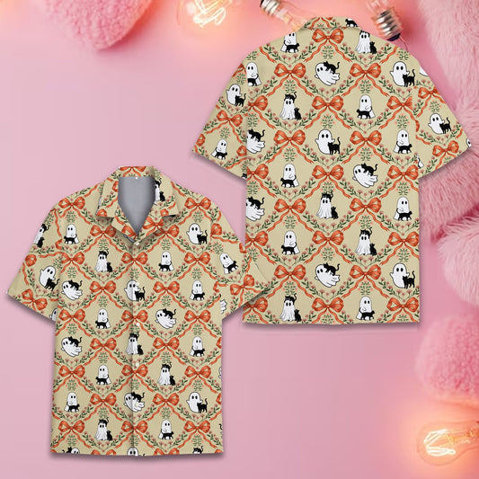 Halloween hawaiian shirt with ghosts and black cats on beige background, front view