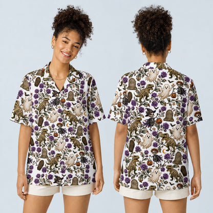 Lifestyle view of a family wearing matching white halloween hawaiian shirts