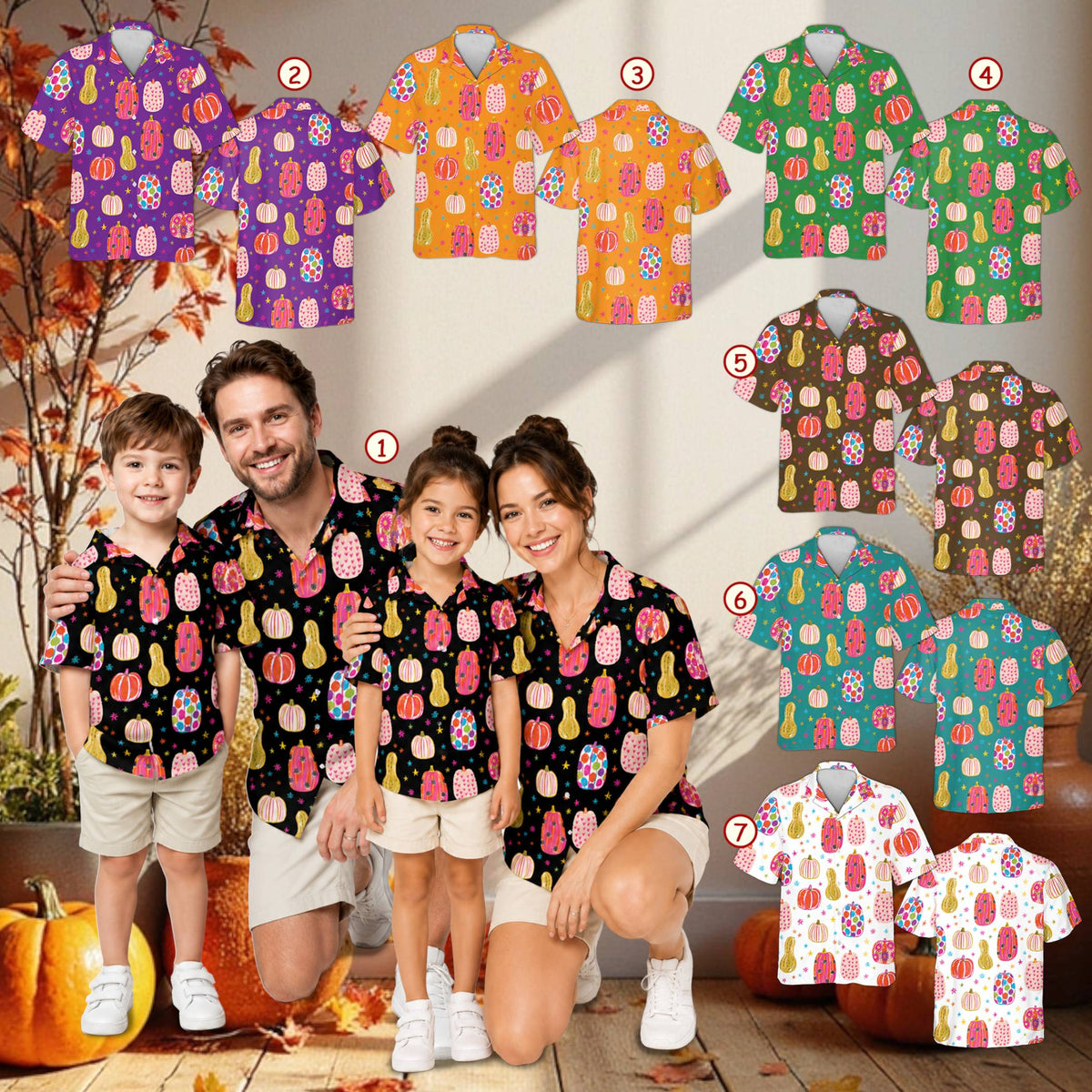 Lifestyle view of matching family hawaiian shirts worn for Halloween celebrations