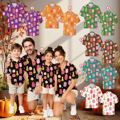 Lifestyle view of matching family hawaiian shirts worn for Halloween celebrations