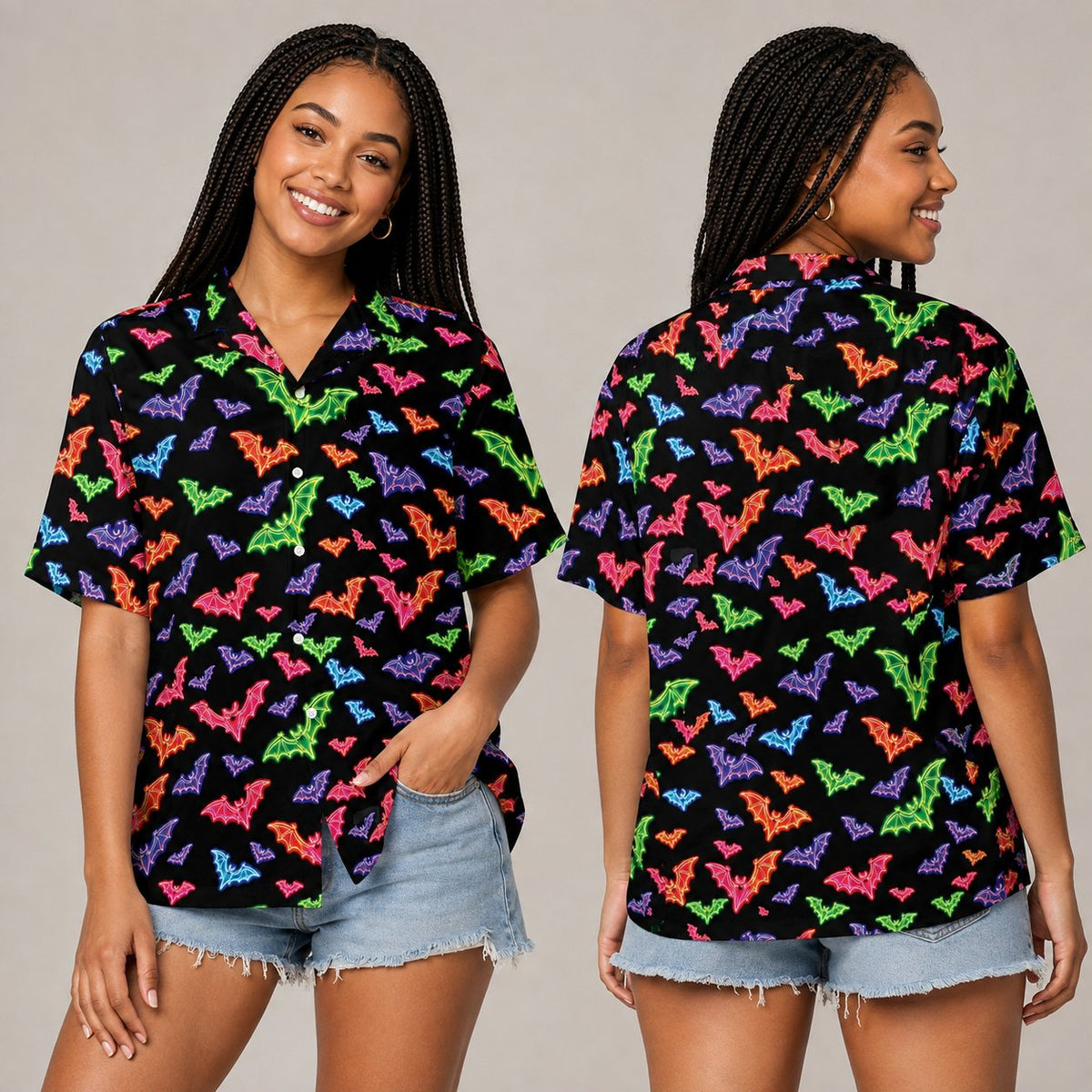 Family wearing matching Halloween Hawaiian shirts with neon bat pattern, lifestyle view
