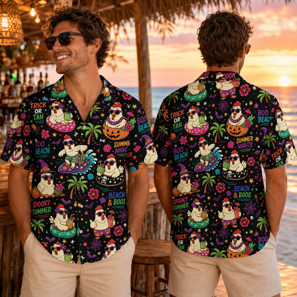 Lifestyle view of the matching family hawaiian shirts being worn in a casual setting