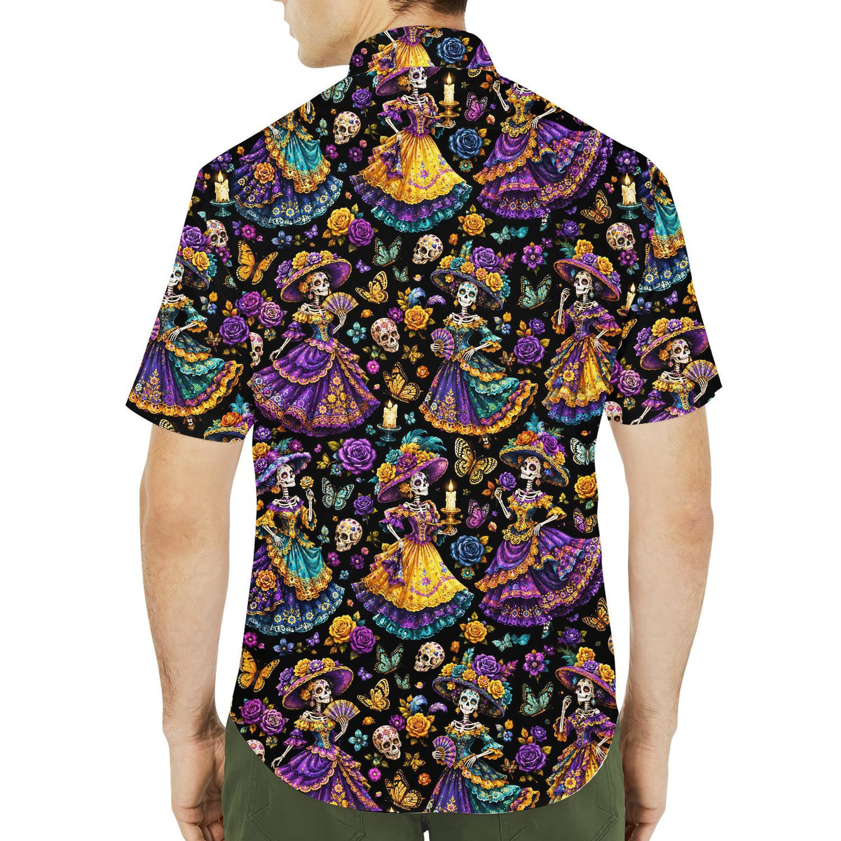 Second lifestyle view showcasing the fit of the Halloween hawaiian shirt