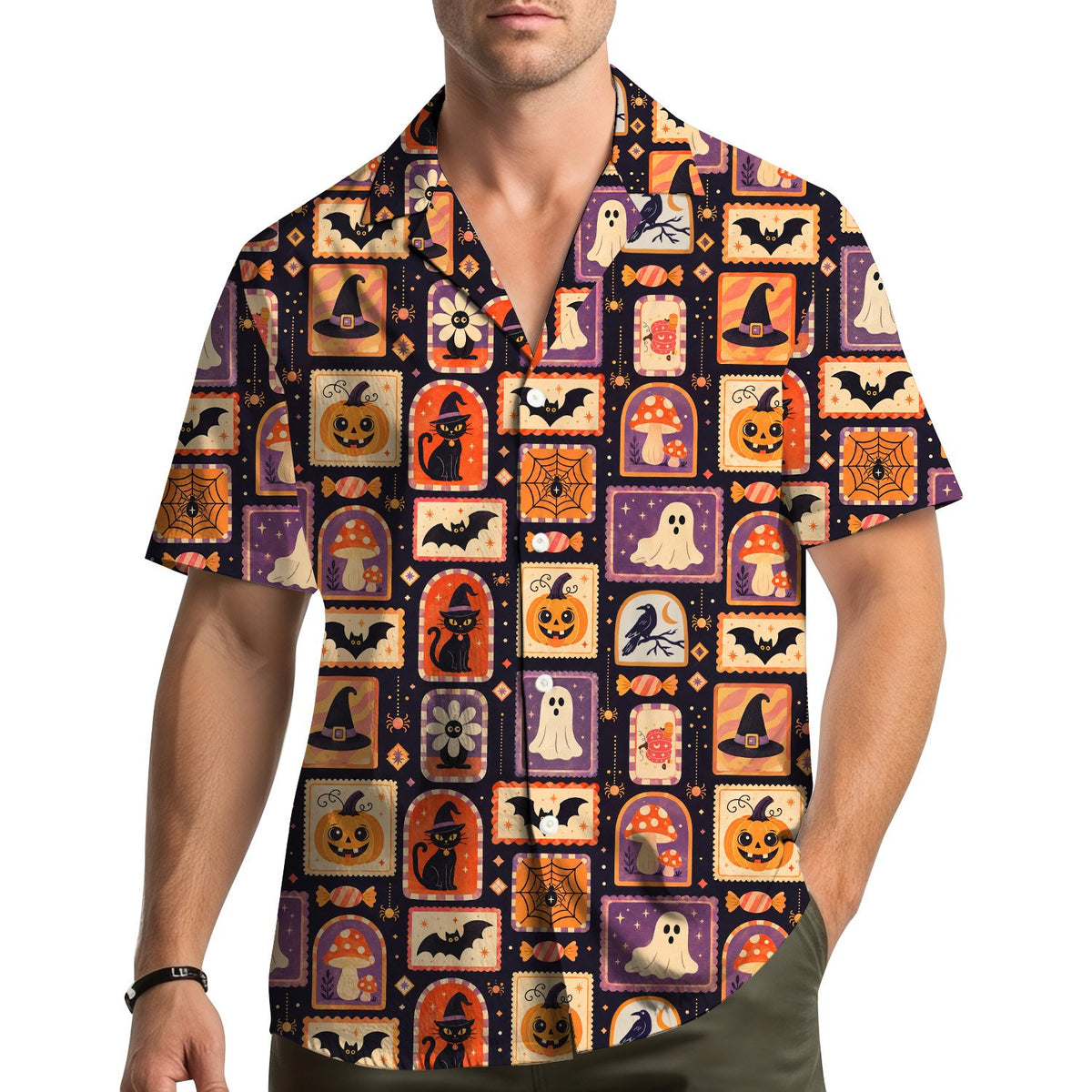 Close-up lifestyle shot of a person wearing the retro halloween hawaiian shirt