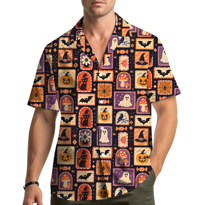 Close-up lifestyle shot of a person wearing the retro halloween hawaiian shirt