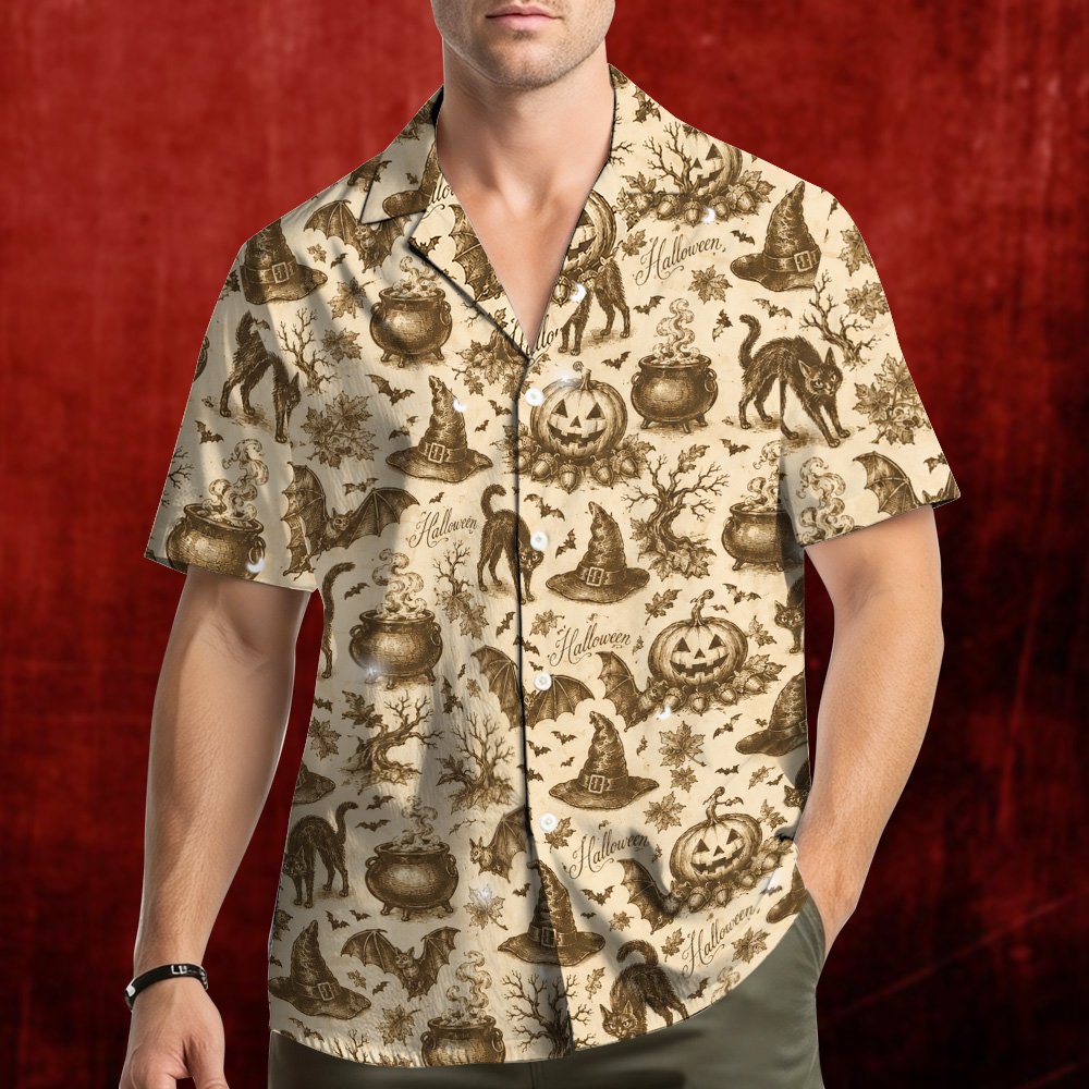 Second lifestyle view showcasing the halloween hawaiian shirt outdoors