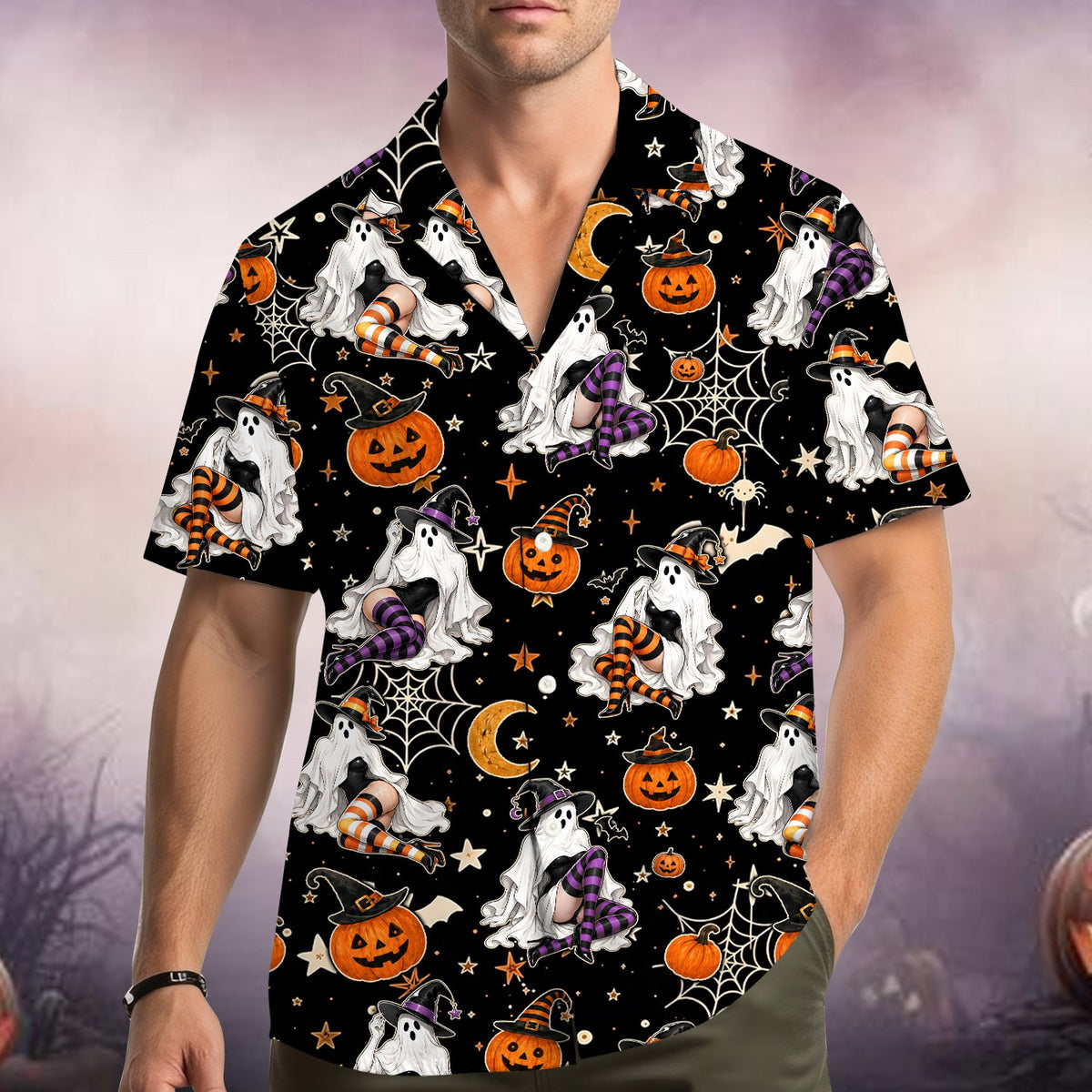 Family wearing matching halloween hawaiian shirts, lifestyle view 2