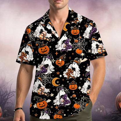 Family wearing matching halloween hawaiian shirts, lifestyle view 2
