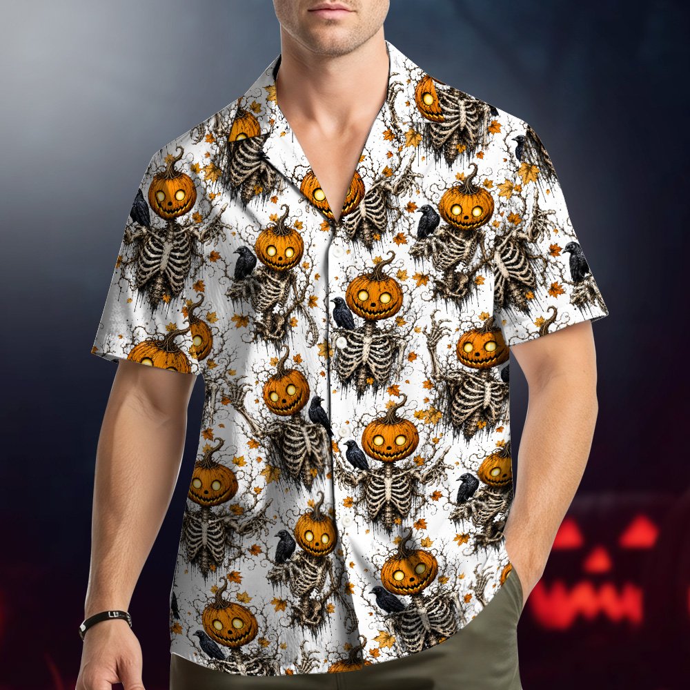 Second lifestyle view of the skeleton print hawaiian shirt