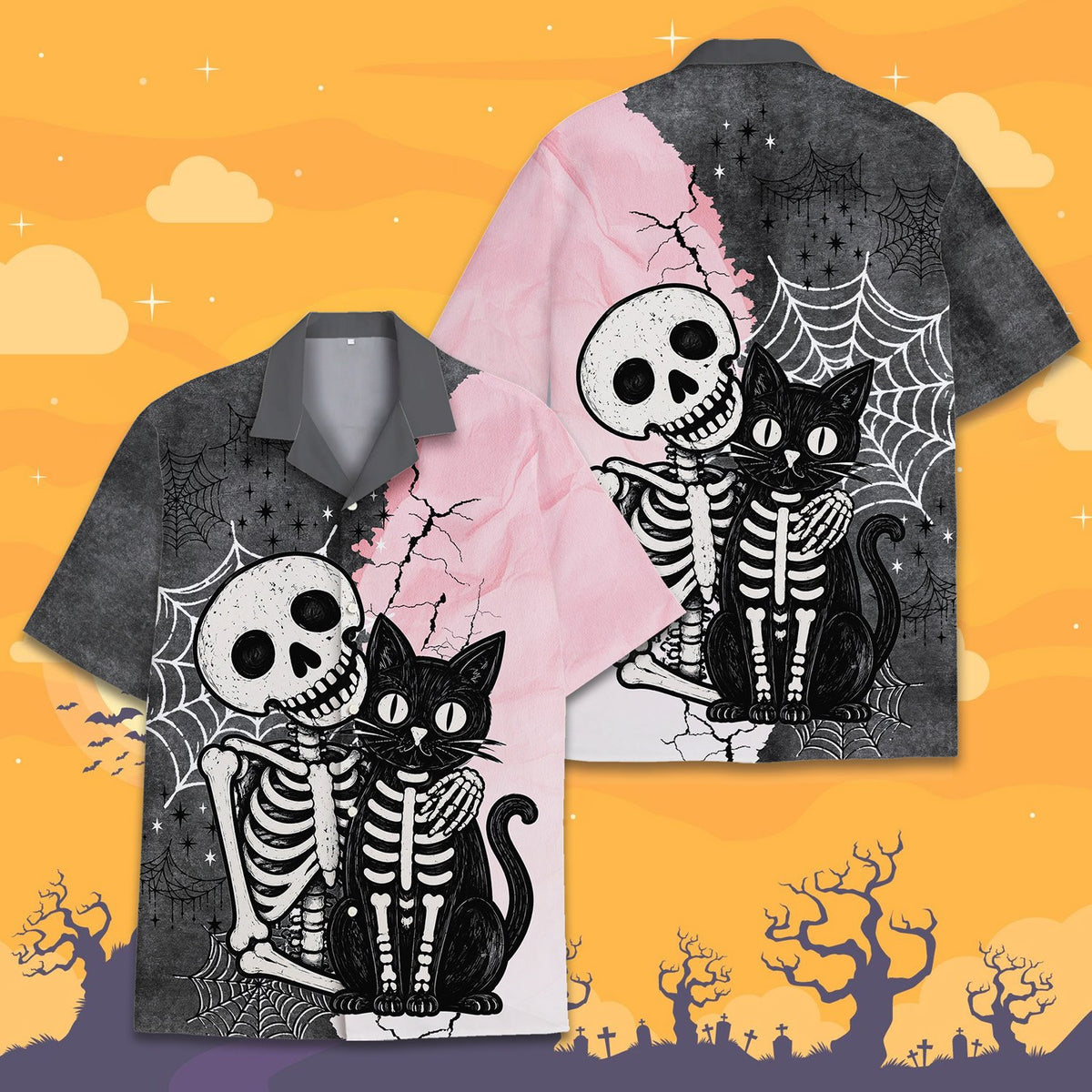 Second lifestyle view showing the skeleton and cat design in everyday wear