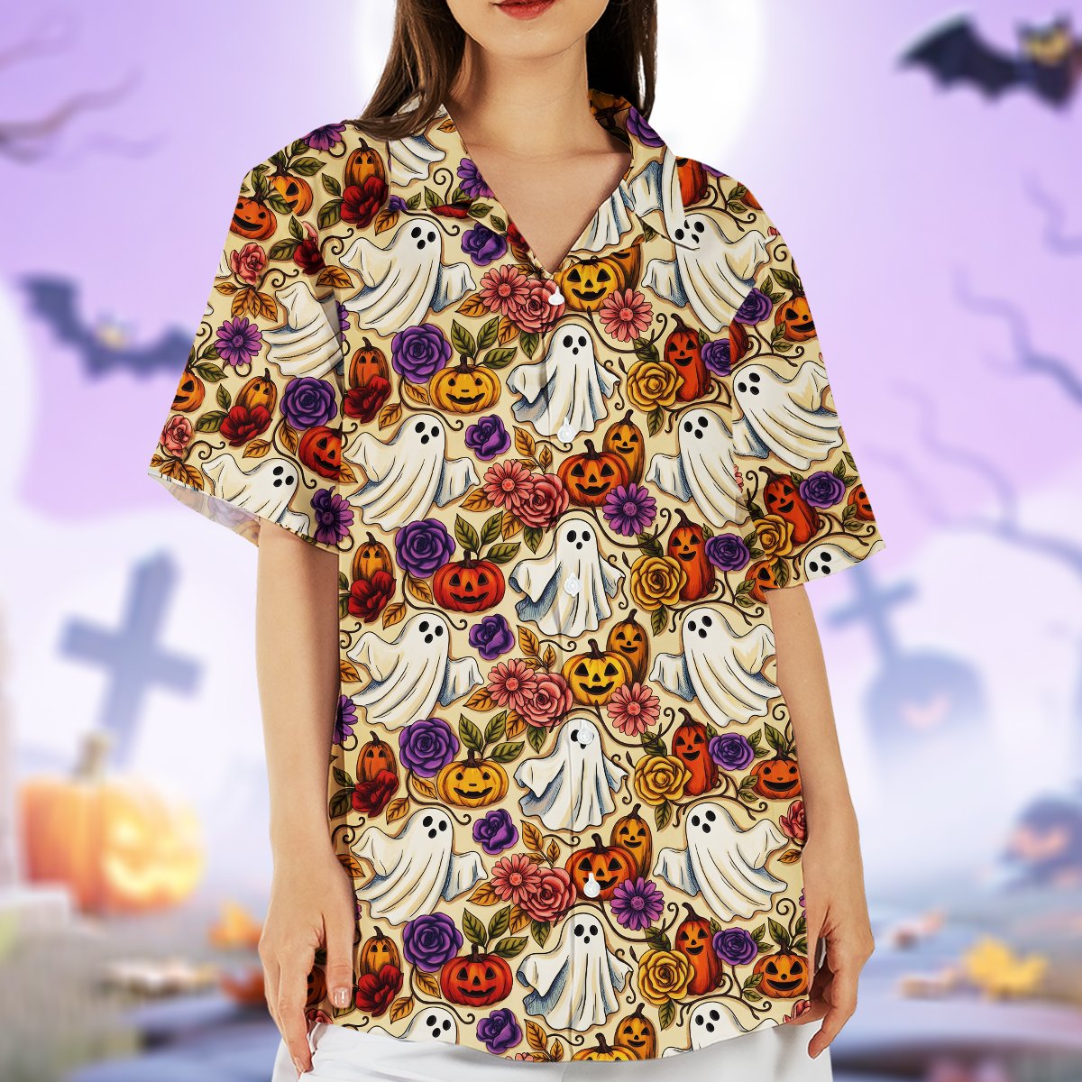 Another lifestyle view of the yellow Halloween Hawaiian shirt in an outdoor setting