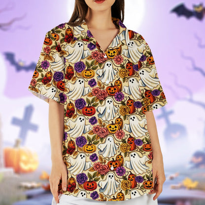 Another lifestyle view of the yellow Halloween Hawaiian shirt in an outdoor setting