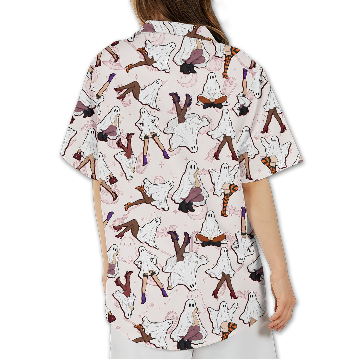 Close up of the ghost legs design on the matching family hawaiian shirts