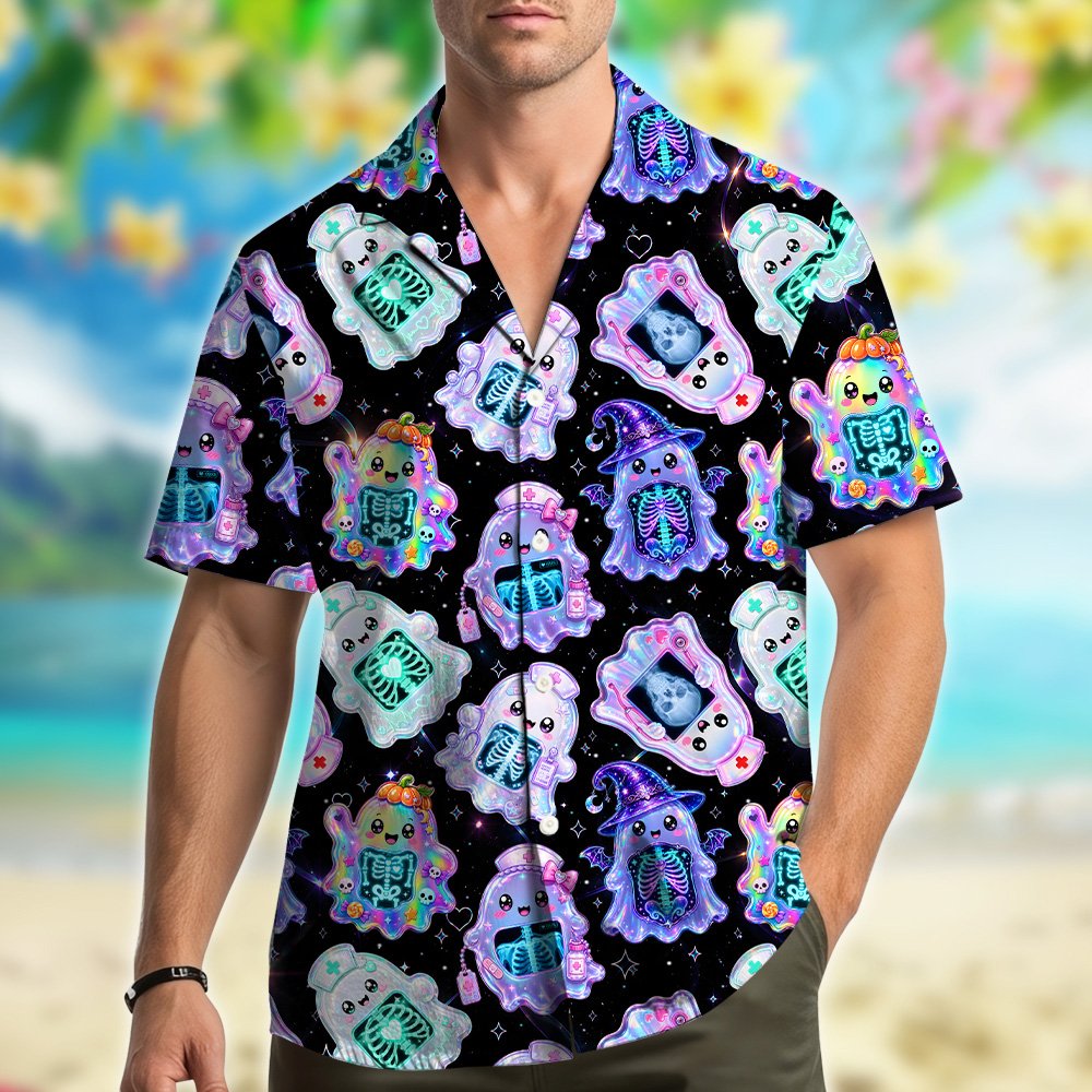 Lifestyle shot highlighting the pastel ghost pattern on the halloween hawaiian shirt