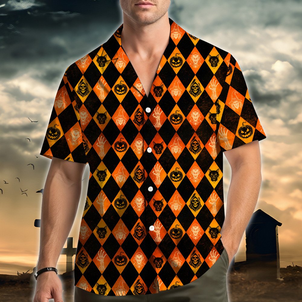 Alternate lifestyle image of the black and orange Halloween hawaiian shirt