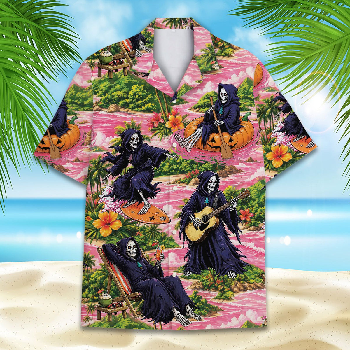 Lifestyle view of the tropical grim reaper hawaiian shirt