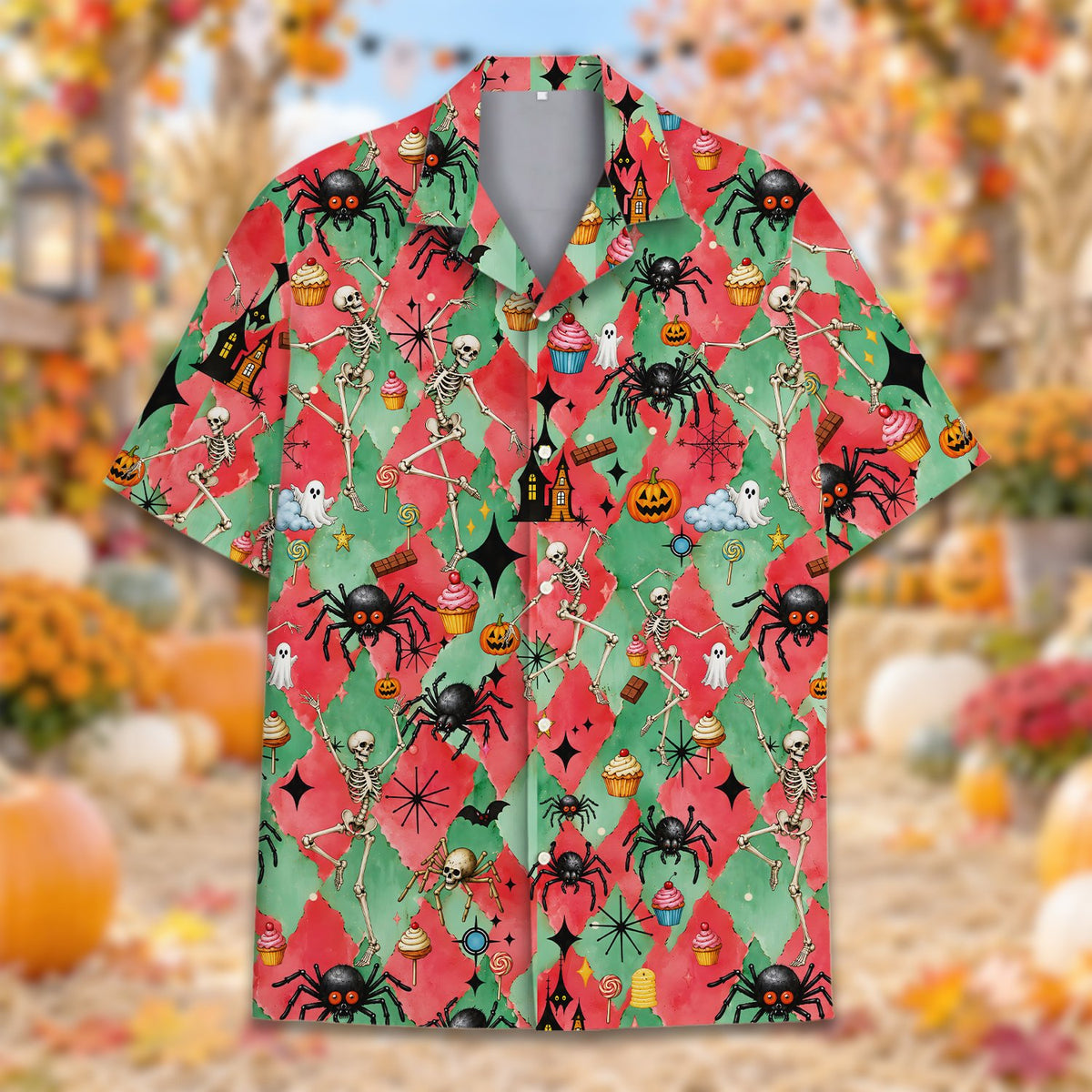 Matching family hawaiian shirts in halloween print, lifestyle view 2